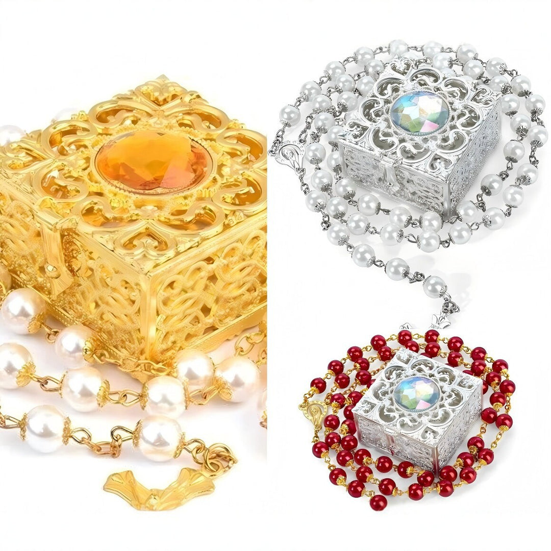 Pearl Rosary Beads Gift Set with Ornate Keepsake Box