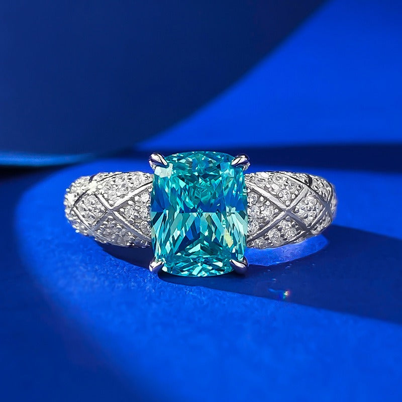 「Paraiba Dream」S925 Sterling Silver Cushion Cut Quilted Ring