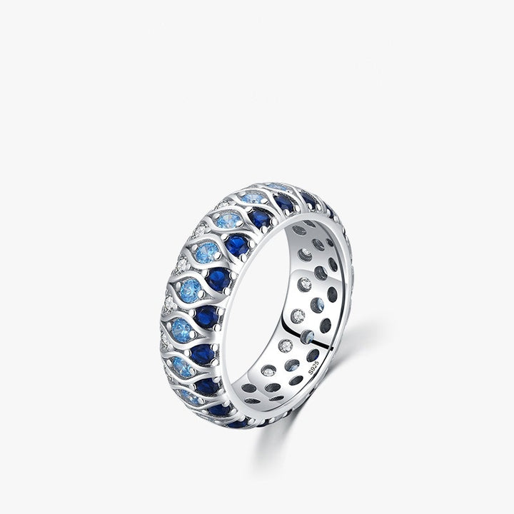 「Deep Sea Gradient」S925 Sterling Silver Three-Tone Blue Quilted Band Ring