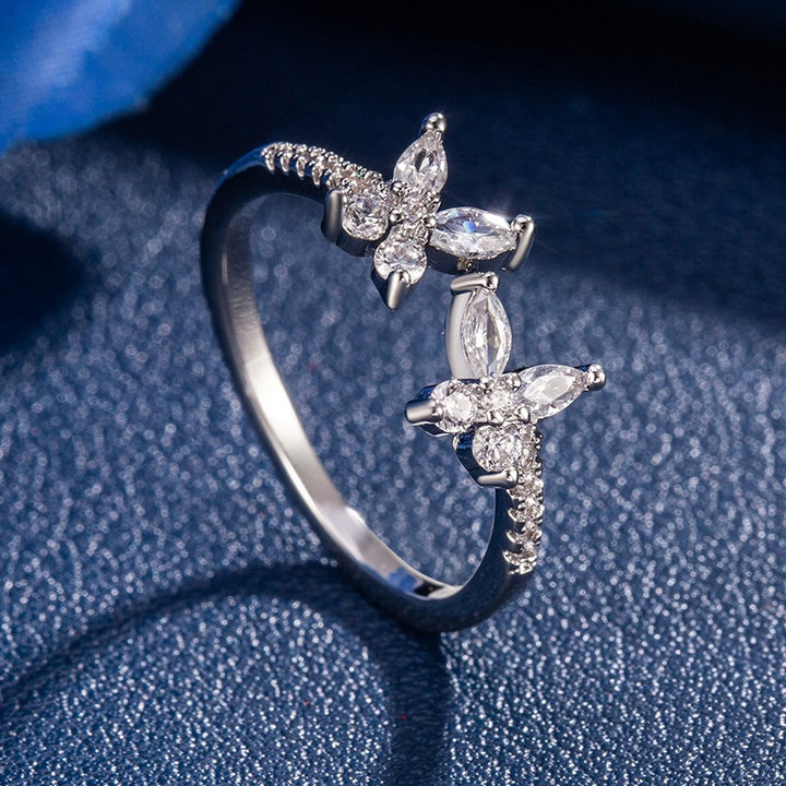 「Dual Butterfly Flutter」Marquise Cut Offset Open Ring