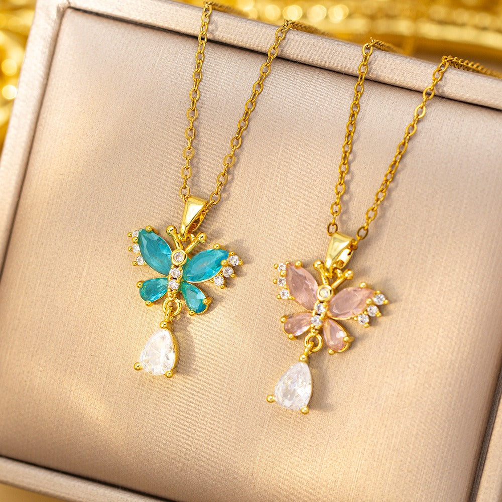 S925 Sterling Silver Butterfly Teardrop Necklace