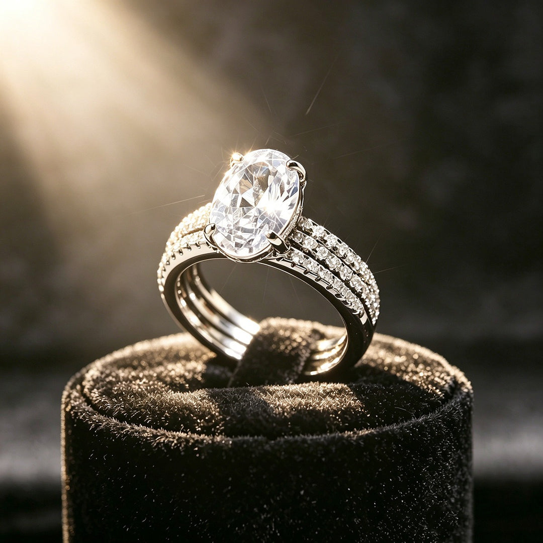 Starburst Oval S925 Sterling Silver Faux Stackable Three-Row Ring