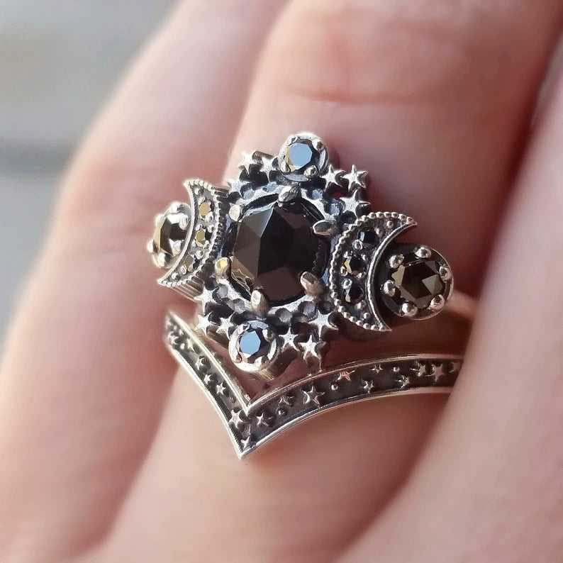 18K Rose Gold/S925 Silver Moon Star Totem Multi-Color Gemstone Ring Dark Light Luxury Band