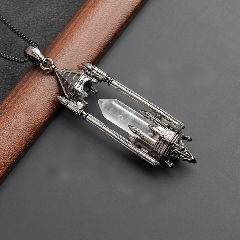 Gothic Boundary Guardian Natural Crystal Point Castle Pendant Necklace