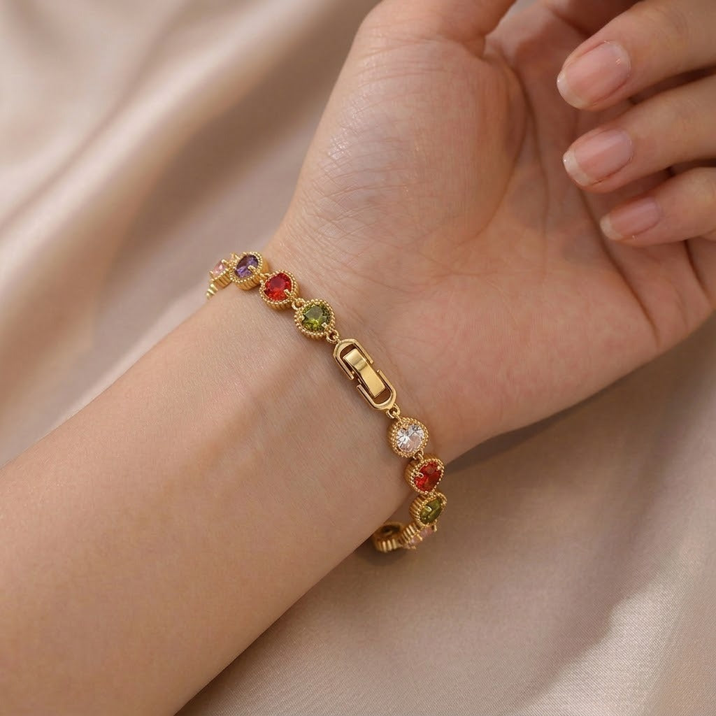 Rainbow Candy Jar 18K Gold Vintage Milgrain Gemstone Bracelet