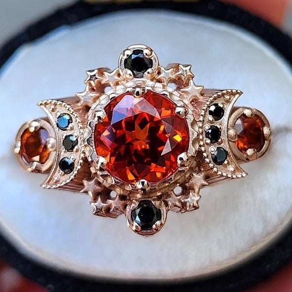 18K Rose Gold/S925 Silver Moon Star Totem Multi-Color Gemstone Ring Dark Light Luxury Band