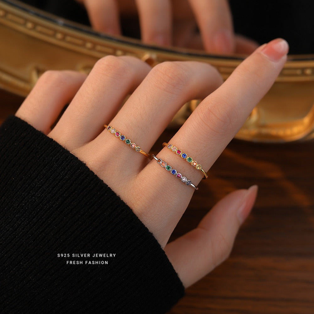 Rainbow Glimmer S925 Sterling Silver Minimalist Rainbow Band Ring