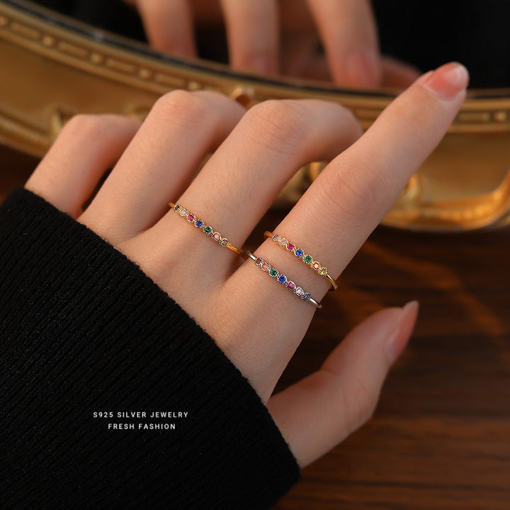 Rainbow Glimmer S925 Sterling Silver Minimalist Rainbow Band Ring