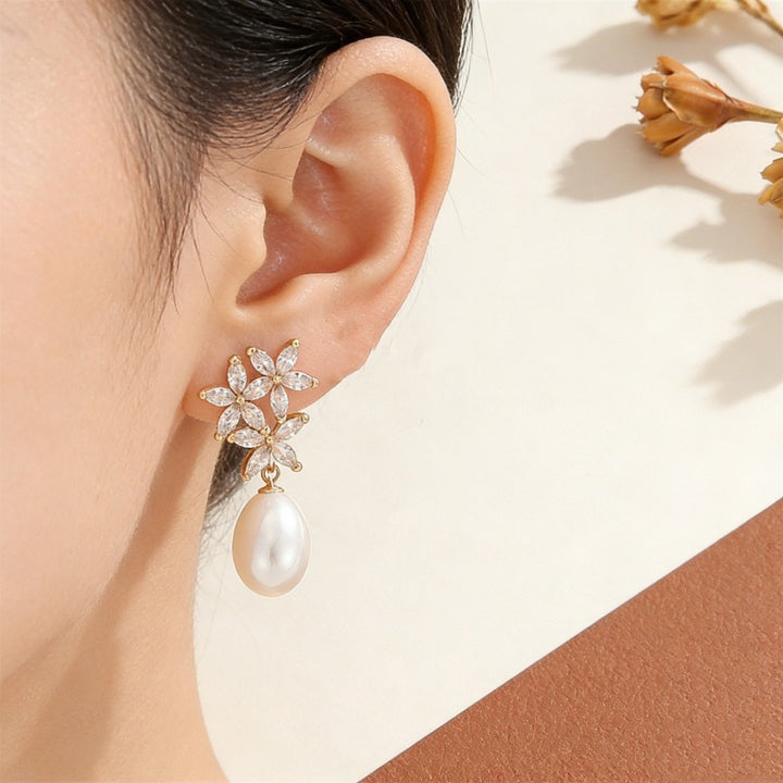 Jasmine Twin Flower 18K Gold Marquise Cut Pearl Drop Earrings