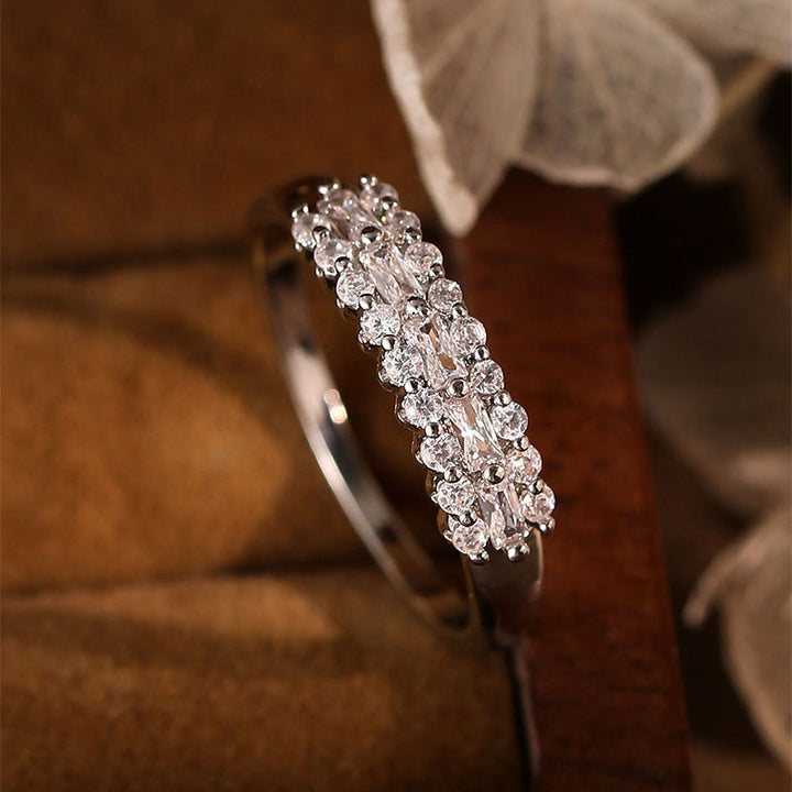 S925 Sterling Silver Platinum Plated Diamond Cluster Three-Row Band Ring
