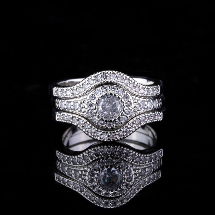 S925 Silver Platinum Plated Stellar Halo 3-Piece Moissanite Ring Set