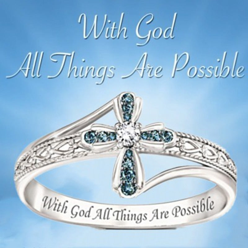 Light of Faith Silver-Plated Ocean Blue Cross Ring