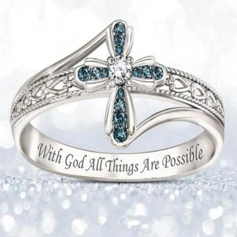 Light of Faith Silver-Plated Ocean Blue Cross Ring