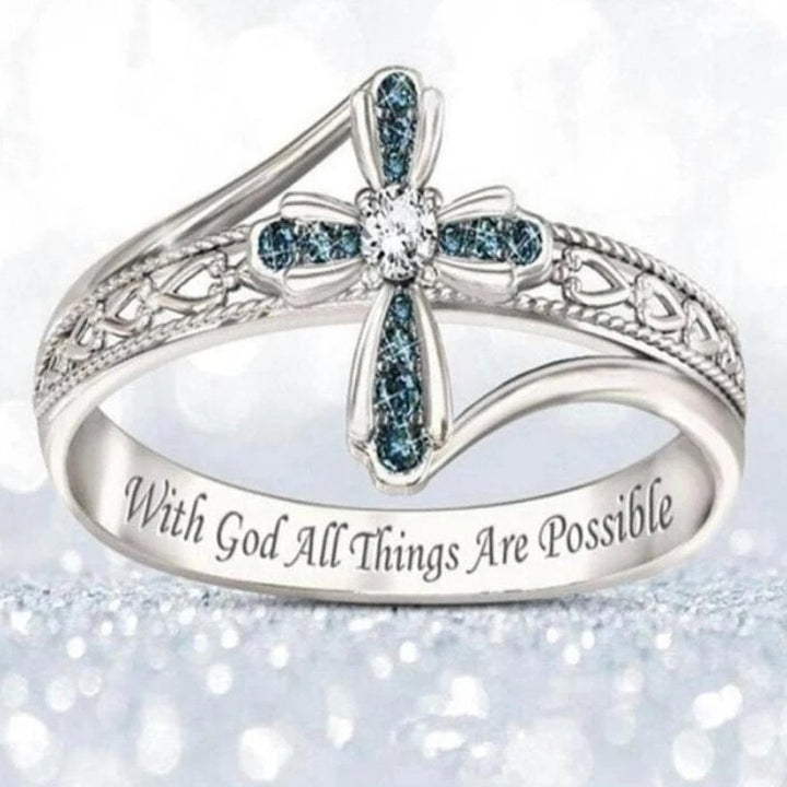 Light of Faith Silver-Plated Ocean Blue Cross Ring