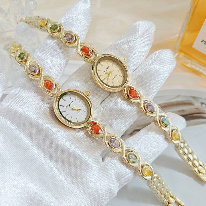 Gold-Plated Rainbow Gemstone Twist Oval Quartz Watch