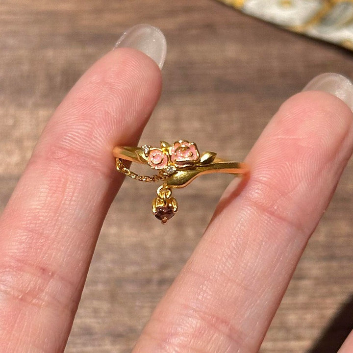 Rose Whispers Enamel Pink Rose Heart Charm Adjustable Ring