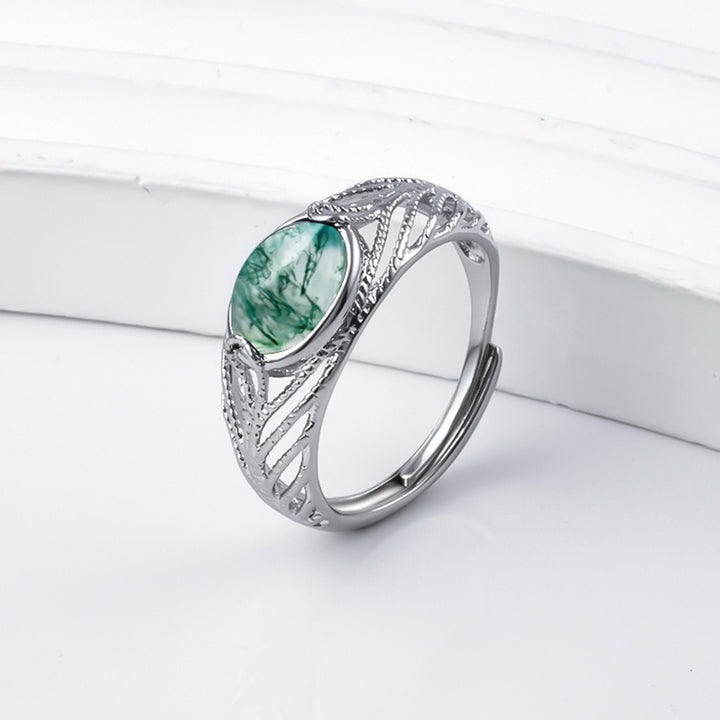 Natural Moss Agate S925 Sterling Silver Adjustable Ring