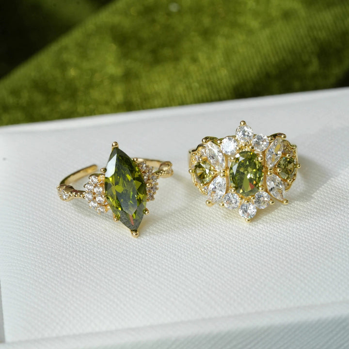 18K Gold Plated Olive Green Gemstone Ring Set of 2