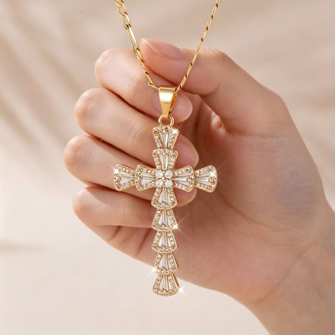 18K Gold / White Gold Baguette Cut CZ Cross Necklace