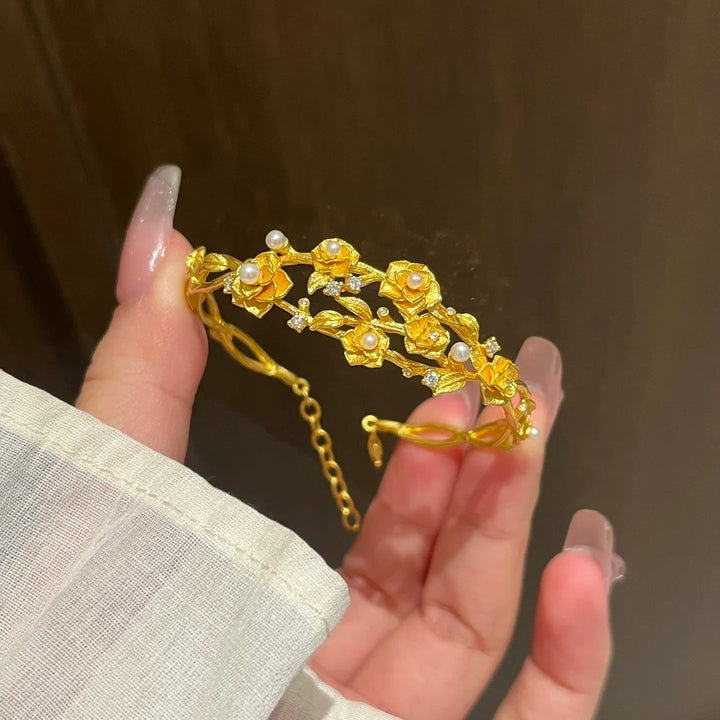 24K Gold Plated Vintage Embossed Rose Bracelet Collection