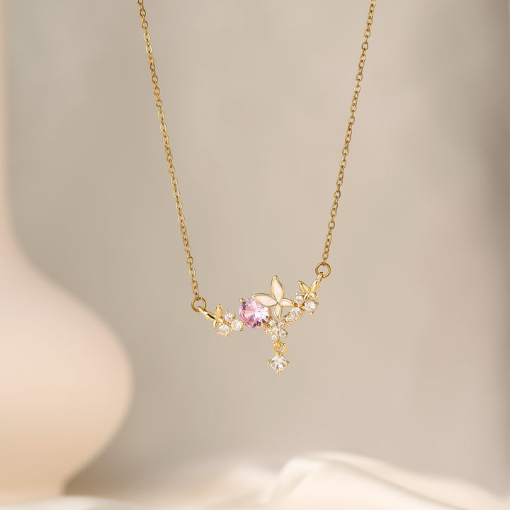 18K Gold / White Gold Pink CZ Butterfly Smile Necklace
