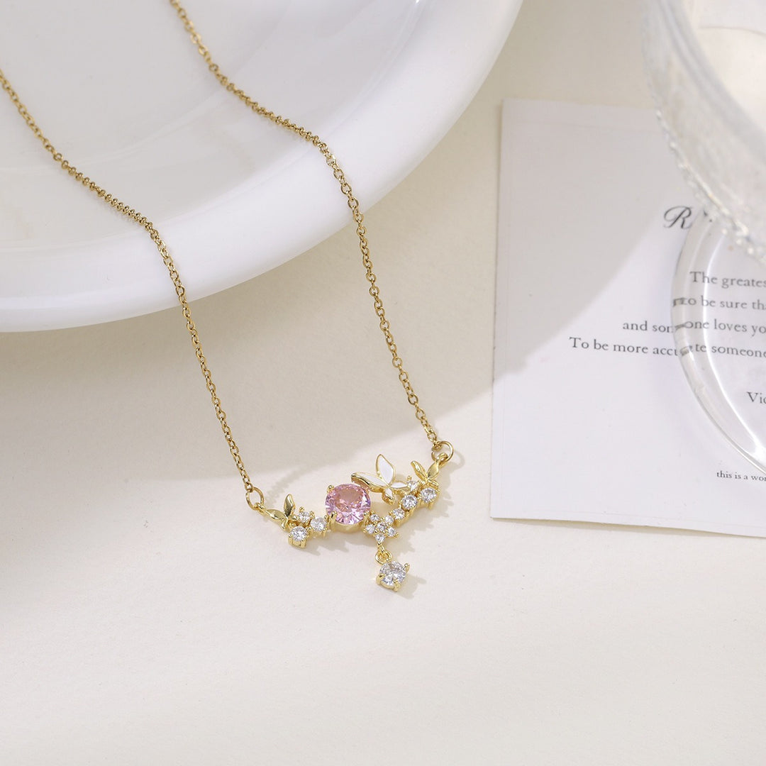 18K Gold / White Gold Pink CZ Butterfly Smile Necklace
