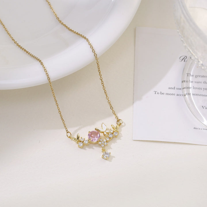 18K Gold / White Gold Pink CZ Butterfly Smile Necklace