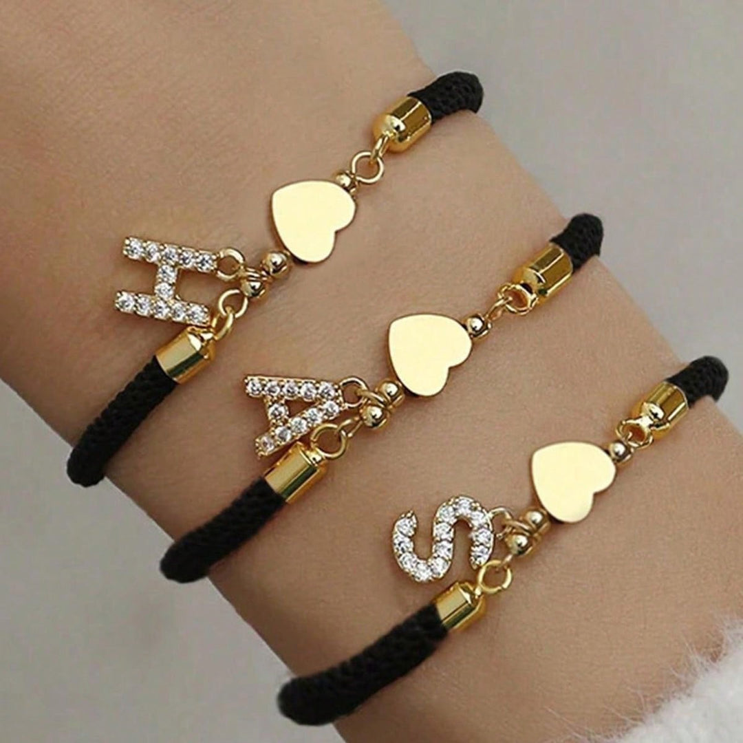 Dainty Crystal Initial Heart Charm Adjustable Cord Bracelet