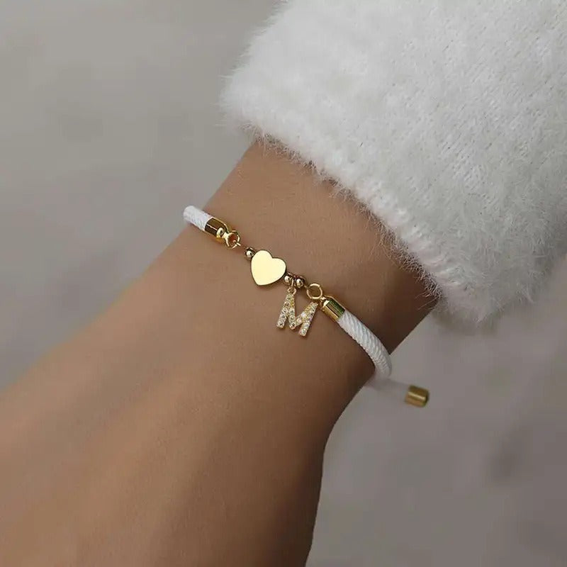 Dainty Crystal Initial Heart Charm Adjustable Cord Bracelet