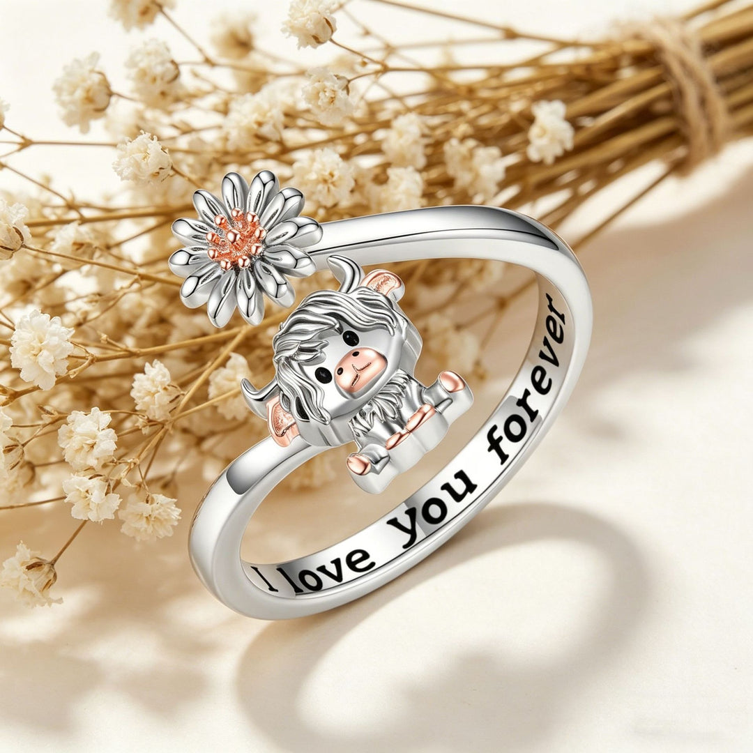 Two-Tone Scottish Highland Cow Daisy Adjustable Open Ring