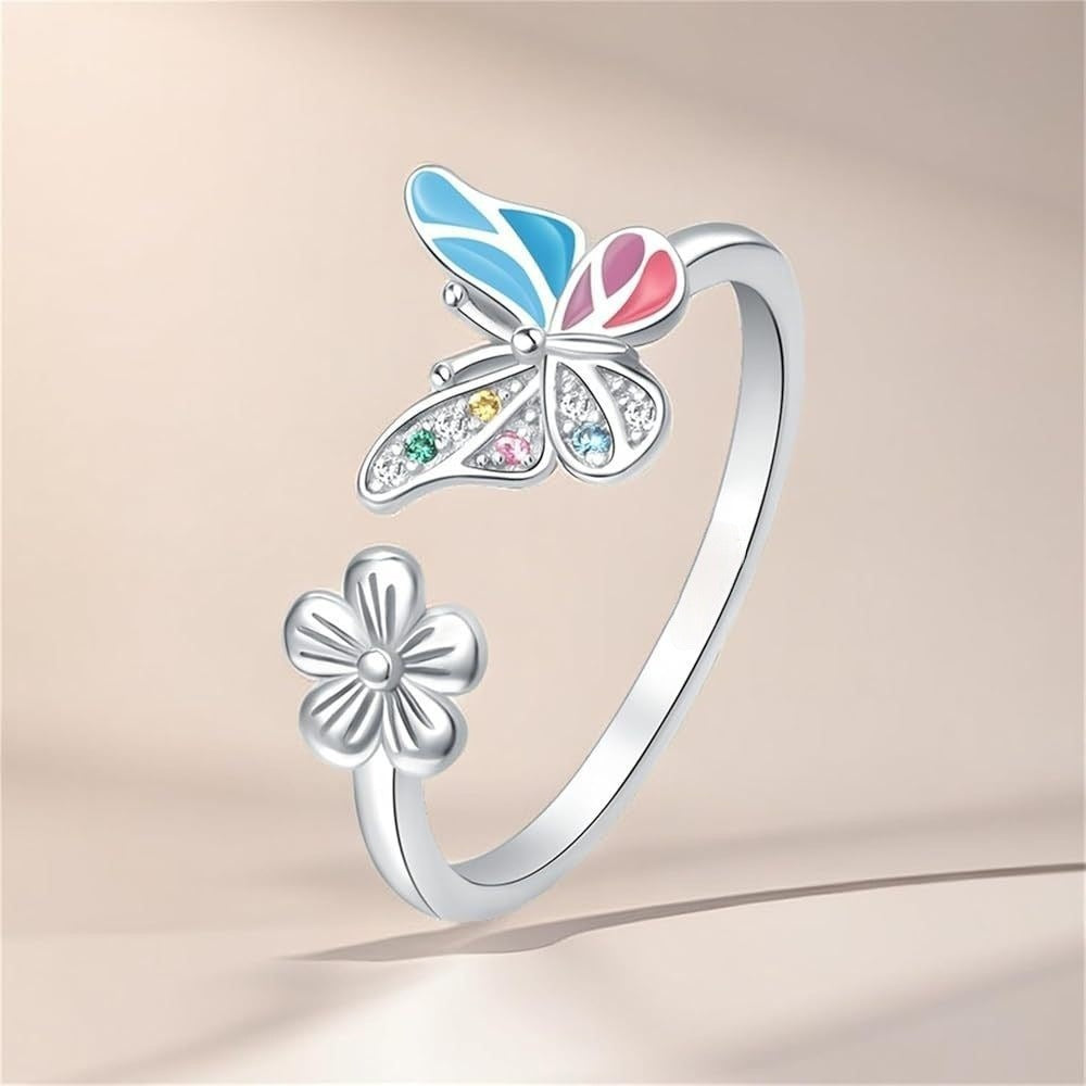 S925 Sterling Silver Enamel Butterfly Flower Open Ring