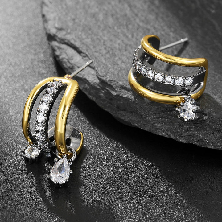 Two-Tone Triple Layer C-Hoop Earrings with Moissanite Drops