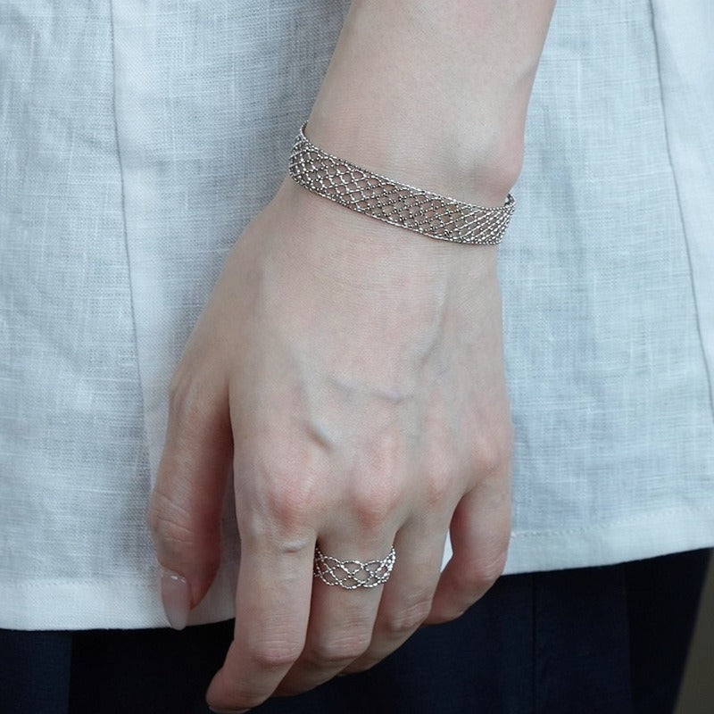 S925 Sterling Silver Woven Mesh Grid Bracelet