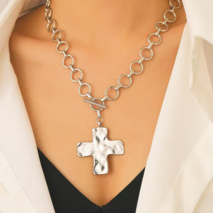 18K Gold / Silver Hammered Cross Pendant Toggle Necklace