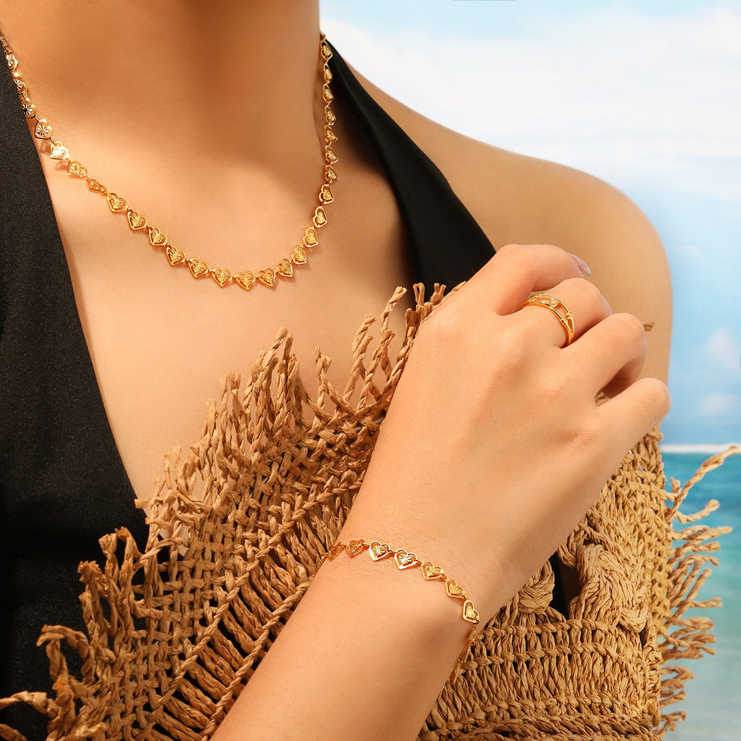 18K Gold Plated Hollow Heart Chain Collection Necklace Bracelet Set