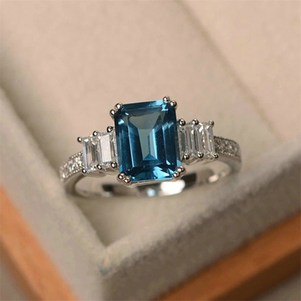 Oceanic Charm S925 Sterling Silver Emerald-Cut Blue Topaz Ring