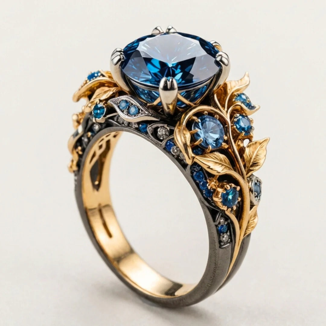 18K Gold  Dual-Tone Botanical Blue Gemstone Ring