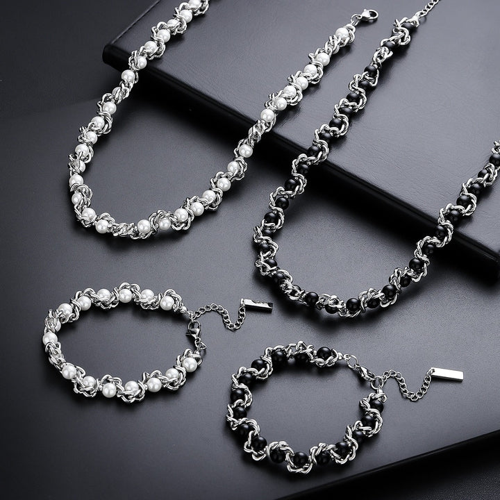 Modern Weave S925 Silver Pearl Necklace Bracelet Set