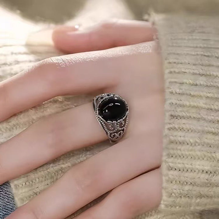 Aegis of Protection S925 Silver Vintage Filigree Obsidian Adjustable Ring