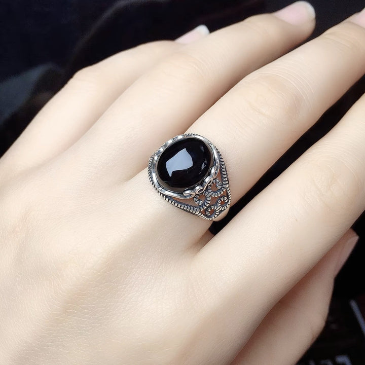 Aegis of Protection S925 Silver Vintage Filigree Obsidian Adjustable Ring