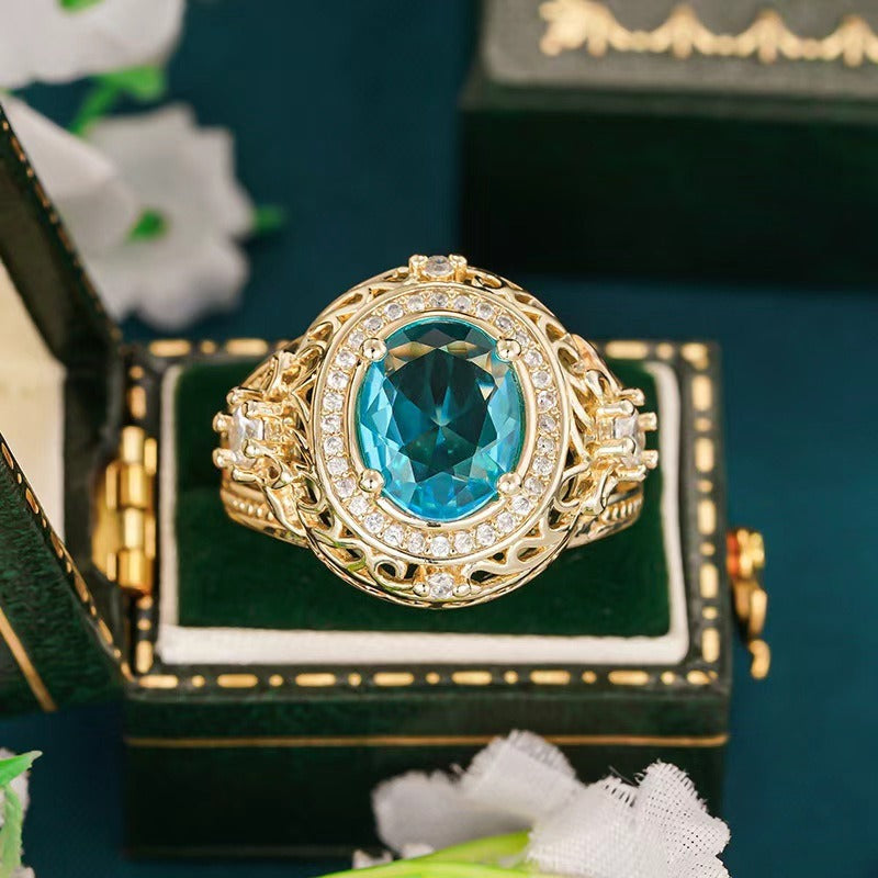 14K Gold Plated Vintage Blue Gemstone Ring