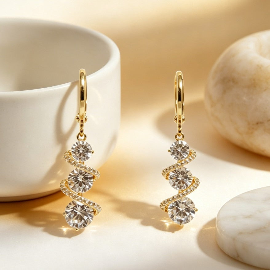 Galaxy Spiral S925 Silver Micro-Pavé Triple-Stone Huggie Earrings