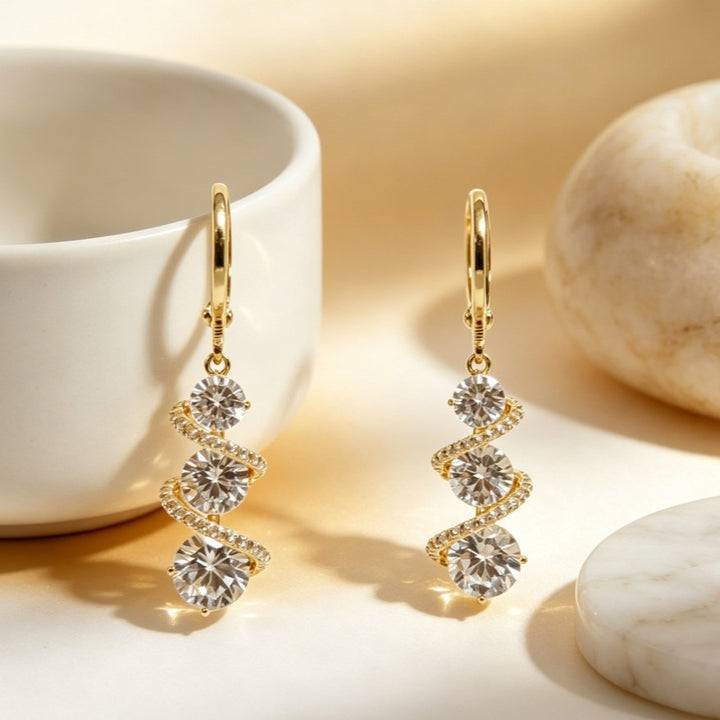 Galaxy Spiral S925 Silver Micro-Pavé Triple-Stone Huggie Earrings
