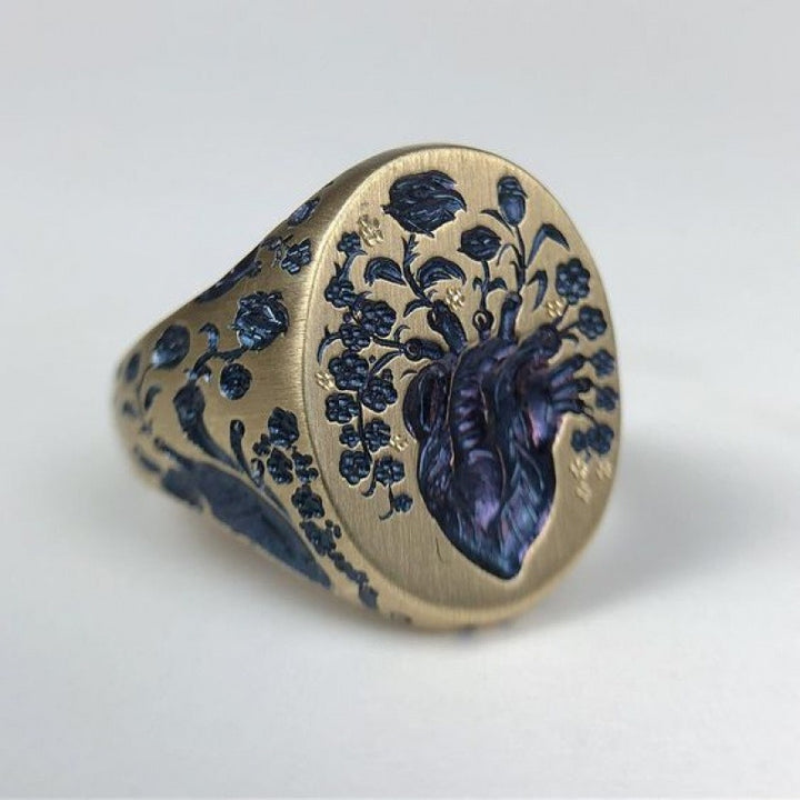 Blue Blood Heart Vintage Brushed Signet Ring