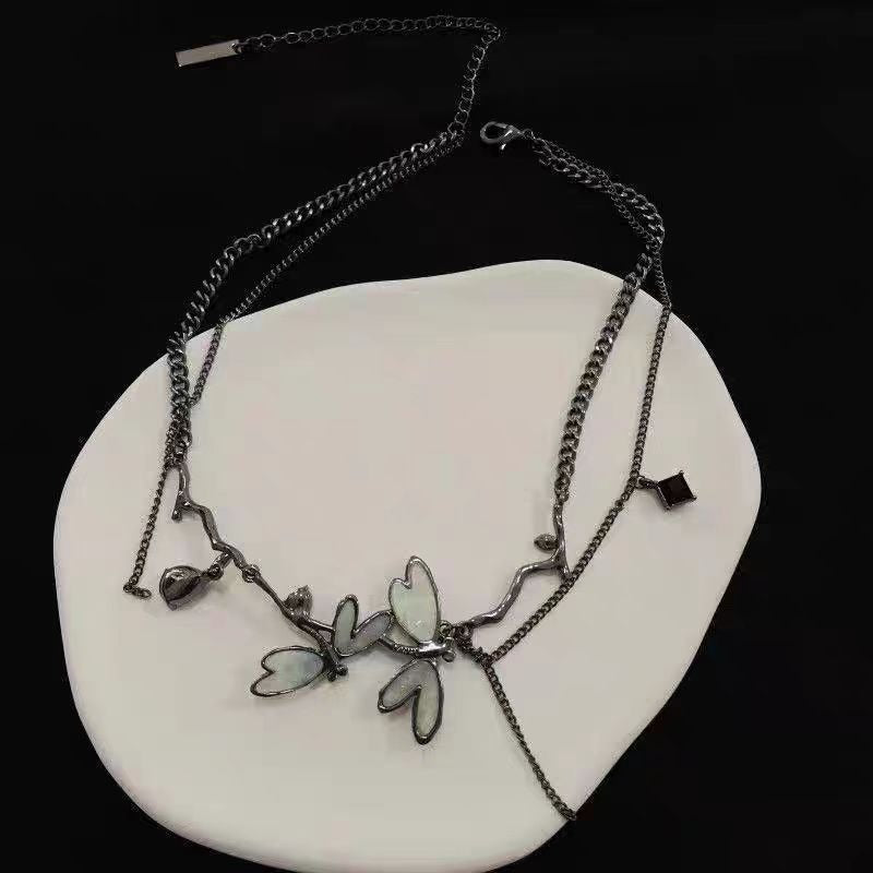Blackened Silver Double-Chain Dragonfly Iridescent Necklace Earrings Set