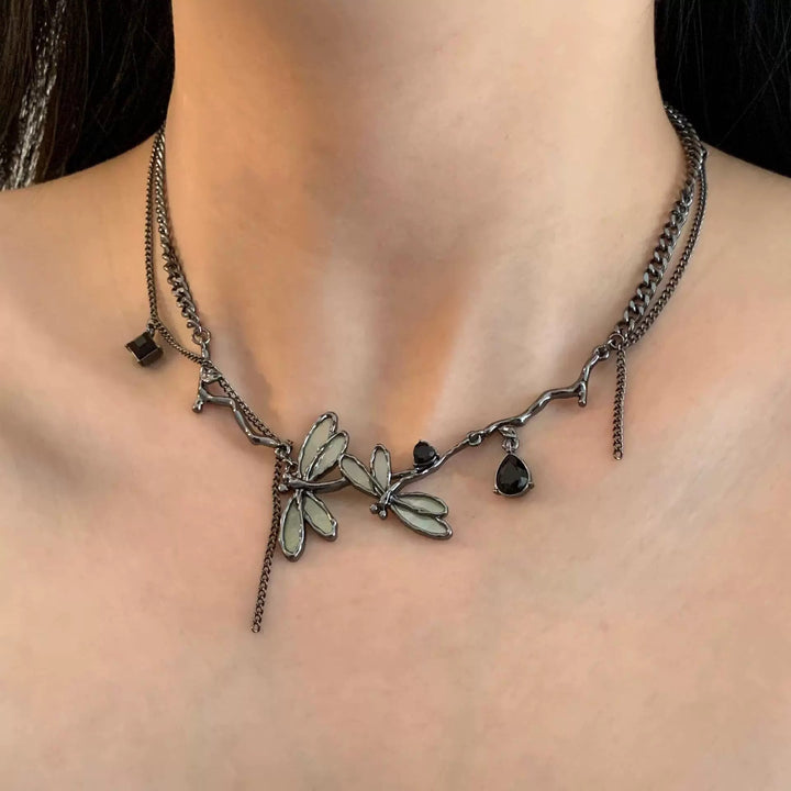 Blackened Silver Double-Chain Dragonfly Iridescent Necklace Earrings Set