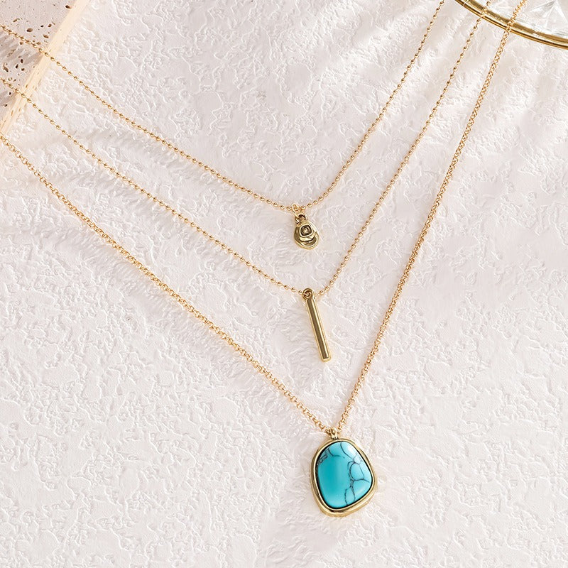 14K Gold Plated Triple-Layer Layered Turquoise Necklace
