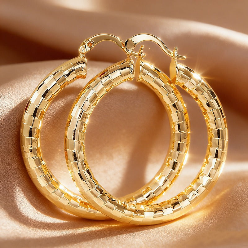 Gold Geometric Brick-Texture Hoop Earrings