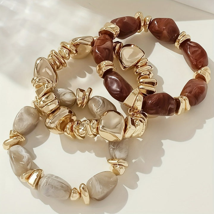 18K Gold Plated Organic Shape Beaded Stretch Bracelet Stack