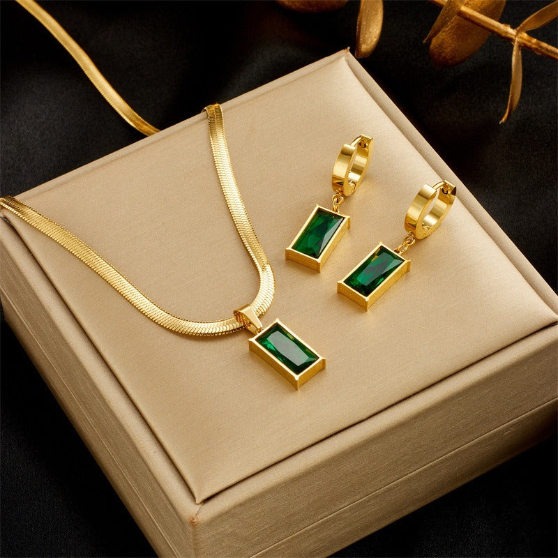 S925 Silver Gold-Plated Emerald Snake Chain Jewelry Set